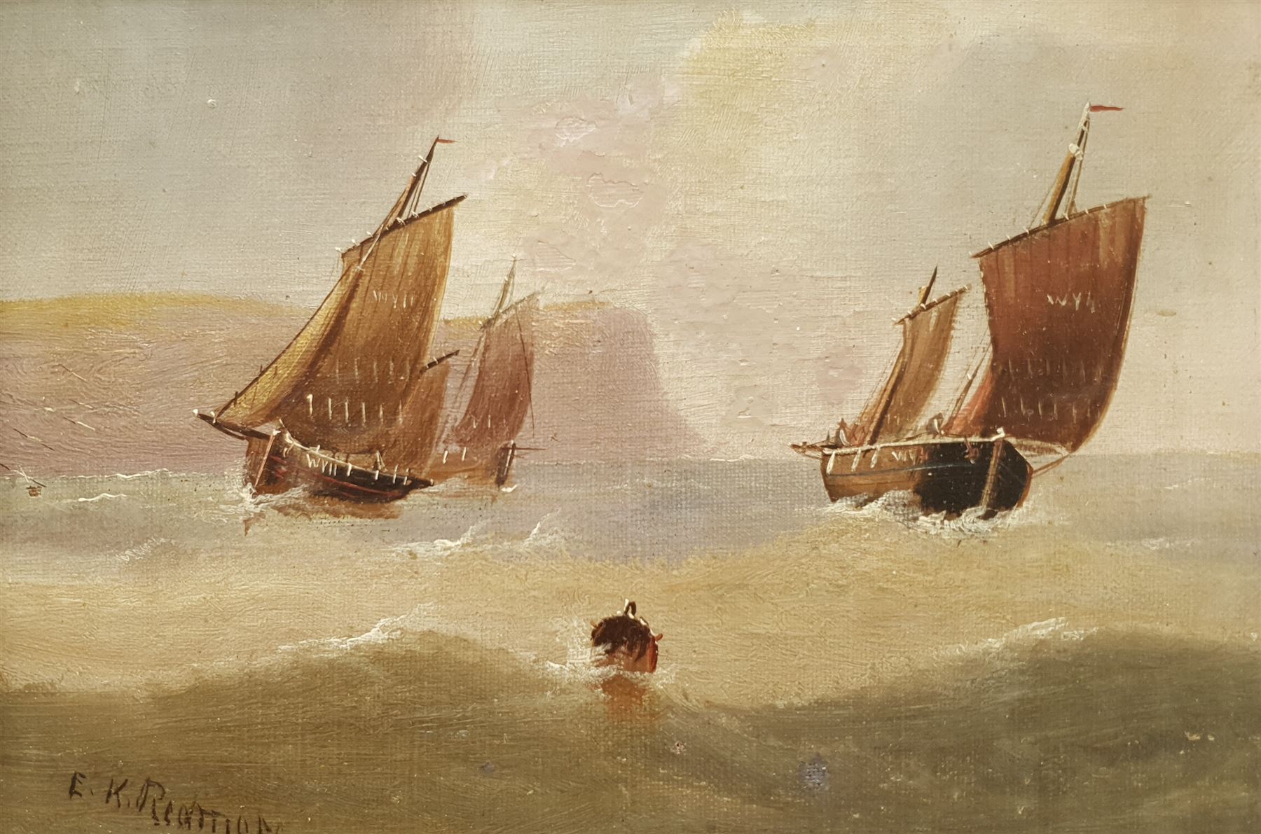 Edward King Redmore (British 1860-1941): Whitby Boats passing a Buoy, oil on canvas signed 16cm x 24cm; Low Tide and Yarmouth Sailing Boat, pair oils on Royal Doulton soup plates signed 19cm diameter (3)
