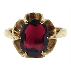 Gold three stone garnet and pearl abstract brooch by Cropp & Farr and a gold single stone oval garnet ring, both hallmarked 9ct 