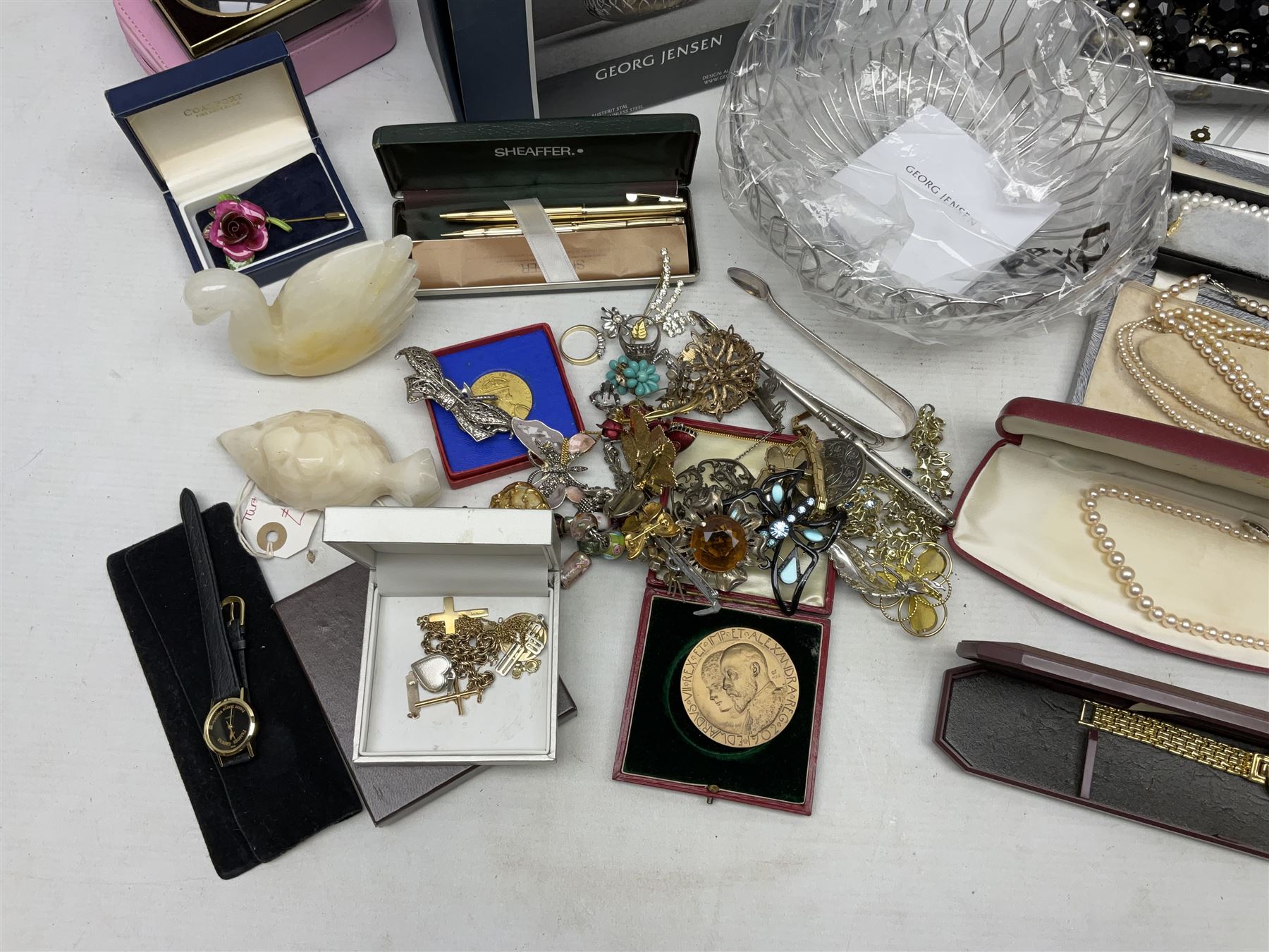 Cased set of two gold plated Sheaffer ballpoint pens, Georg Jensen boxed bowl, and quantity of vintage and later costume jewellery to include hallmarked gold cross pendant, other silver jewellery etc