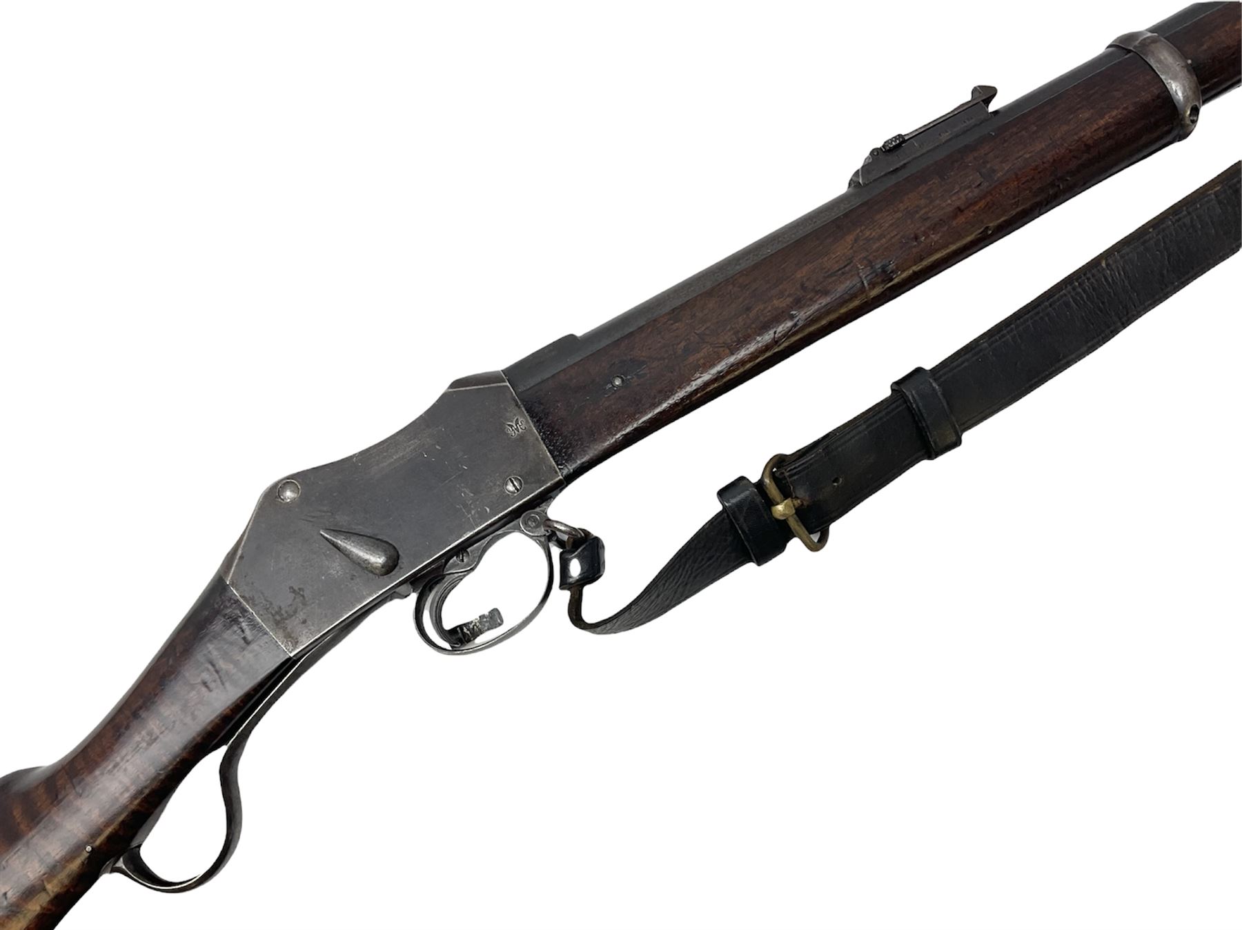 Braendlin Armoury Martini action .577/450 falling back rifle, the 85cm rifled barrel stamped Alex. Henry Edinburgh & London with two barrel bands including Yatagan bayonet side fitting and clearing rod under, with leather sling, serial no.13332, L126cm (NB. Firing pin broken). 