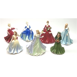 A group of seven Coalport Ladies of Fashion figurines, comprising Grace, Marion, Jean, Natalie, The Birthday Girl, A Gift at Christmas, and Merry Christmas 2005, three with boxes. (7). 