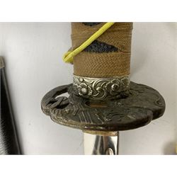 Three reproduction swords - Japanese katana and saya; Tai Chi sword with ornate scabbard; and dress sword with fullered triangular blade and horn handle (3)