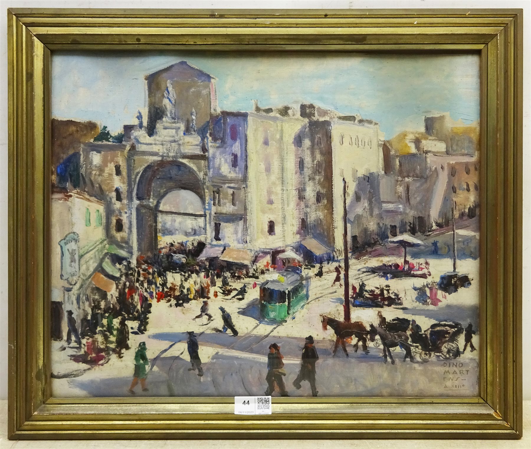 Dino Martens (Italian 1894-1970): 'Porta Capuana Napoli', oil on panel signed, titled verso 37cm x 45cm
Notes: Martens is better known as the 'Oriente' glass designer for Aureliano Toso

