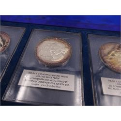 British Commemorative Society Ltd, set of six commemorative .999 fine silver proof medals, no. 1 to 6 , to include the William Medal, The Magna Carta Medal, The Lord Nelson Medal, The Canadian Centenary Medal, The Churchill Memorial Medal and The William Shakespeare Medal, each contained within clear perspex cases, in a silk lined fitted case