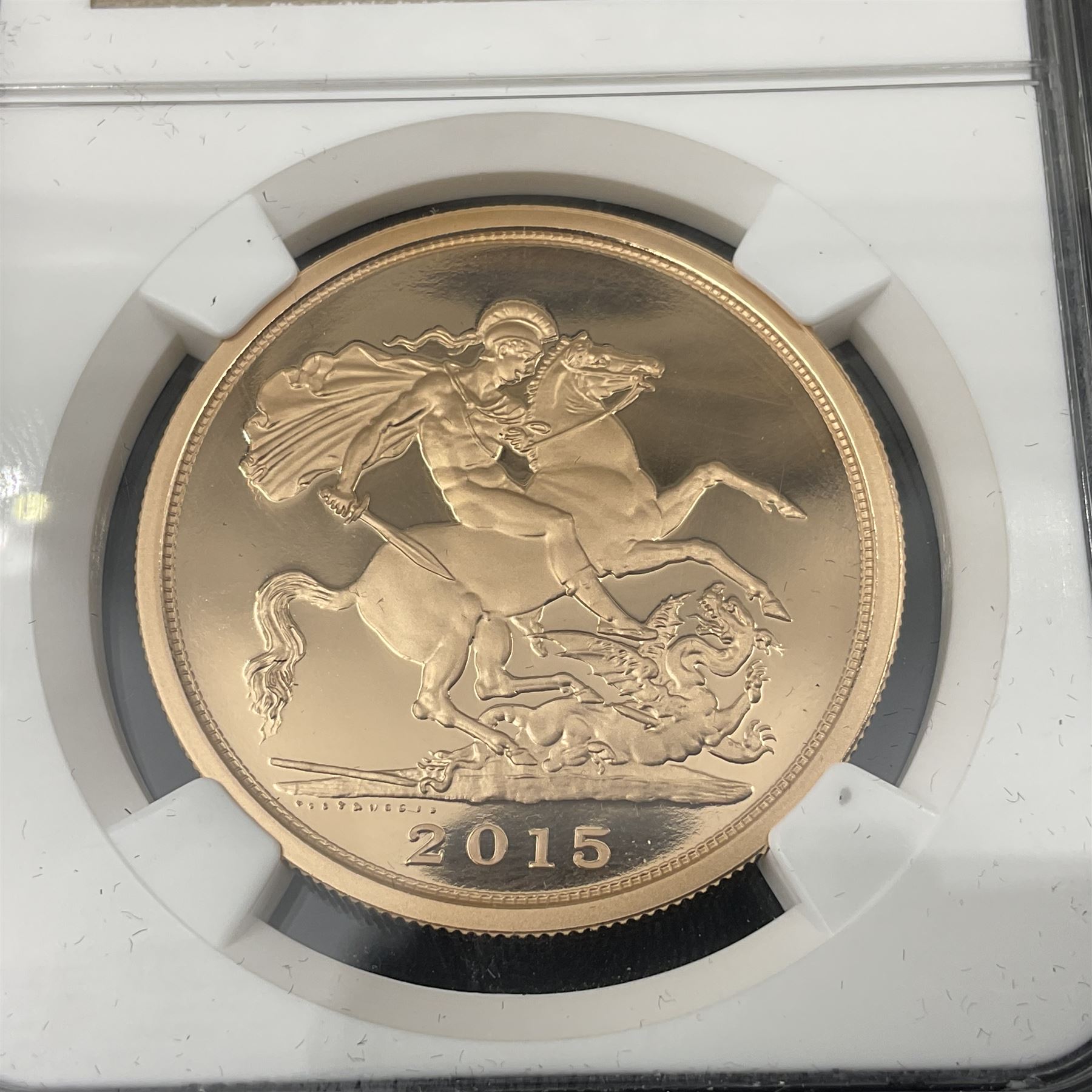 Queen Elizabeth II 2015 gold proof five sovereign coin, encapsulated and graded by NGC 'PF 70 Ultra Cameo one of first 250 struck'