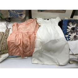 Large quantity of table linen and Victorian and later lace, framed machine tapestry depicting Greece, embroidered wall hanging decorated with a woodland scene with deer and blossoming tree, embroidered linen decorated with floral design, crochet, etc