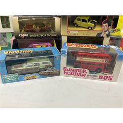 Corgi - seventeen TV/Film related die-cast models including Last of the Summer Wine, Charlie's Angels, Starsky & Hutch, Inspector Morse, Lovejoy, Mr. Bean, Chitty Chitty Bang Bang, Monkees, Fawlty Towers, Green Hornet, Summer Holiday, National Lampoon Vacation etc; all boxed (17)