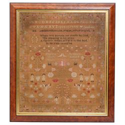 William IV sampler by Martha Badgers aged 9, dated 1835, finely worked with religious verse 'When we devote our youth to God, is pleasing in his eyes; a flow'r when offer'd in the bud, is no vain sacrifice', with decoration depicting Adam, Eve and the Serpent in the Garden of Eden, and other motifs including doves, angels and flowers, 55cm x 48cm 