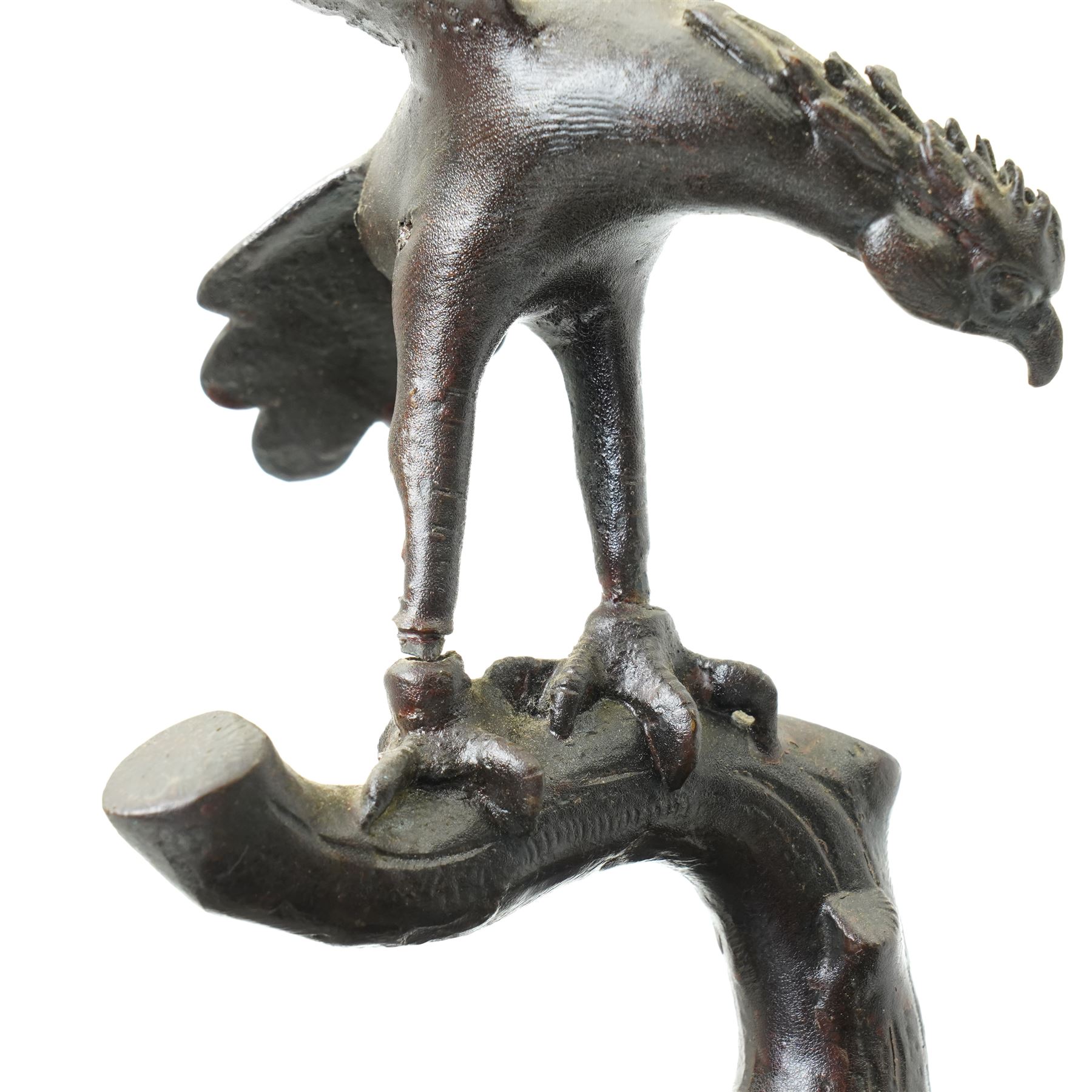 Japanese late Meiji period bronze koro and cover, surmounted by an eagle finial and with bird decoration in high relief to each side, twin elephant trunk handles, bearing indistinct character signature to one side, H82cm