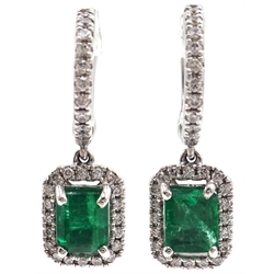  Pair of 18ct white gold emerald and diamond pendant ear-rings, hallmarked  