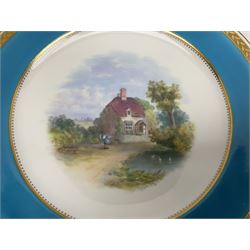 19th century Minton cabinet plate, with central hand painted rural scene with figure stood before a cottage, birds upon a lake to the fore, and church in the distance, within a turquoise border and tooled gilt rim, with impressed marks beneath, including year mark, probably for 1873, and painted pattern number in iron red A6802, D23cm, together with a 19th century Grainger & Co cabinet plate, with central hand painted loch scene, within a deep blue border and beaded gilt inner border and rim, with impressed mark beneath, painted pattern number 2490, and titled 'Loch Oich with Invergarry Castyle Invernessshire', D24cm