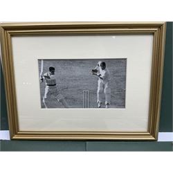 Cricket interest; signed original photograph of 1956 England V Australia Test match, cricket cap from England/Australia Test Match 2006 in Melbourne, eight coloured cricketing spy prints in mounts 