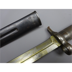  Swiss bayonet, 21cm fullered blade stamped EJ Crown AB & Crown over 450, cross cut grip, L33.5cm, steel scabbard stamped 7/1.6 No.9, 770  