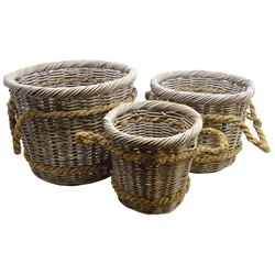  Three graduating wicker log baskets with rope work handles, D56cm x H42cm max (3)  