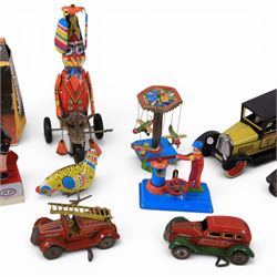 Collection of modern tin plate toys, including motorcycles, cars, table tennis players, carousel, etc