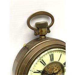 Late 19th century brass cased oversized pocket watch timepiece clock, circular enamel Roman chapter ring, single train driven eight day movement with platform escapement