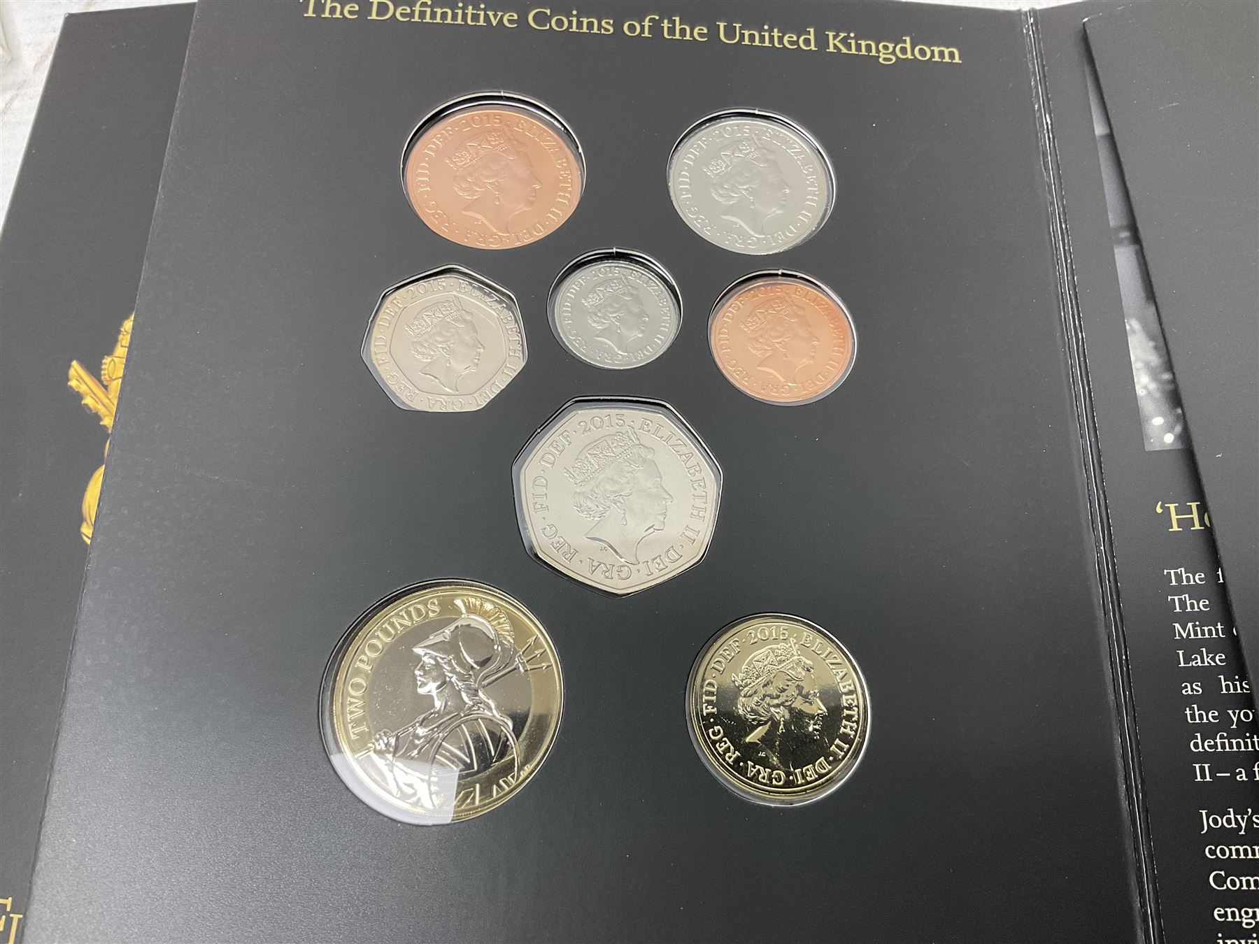 The Royal Mint United Kingdom 2005 proof coin set, with certificate, 2009 'Henry VIII' brilliant uncirculated fine pound coin, 2010 brilliant uncirculated coin collection, 2015 'The Fourth and Fifth Circulating Coinage Portrait Collection', and 'Farewell and Nations of the Crown UK' one pound brilliant uncirculated two coin set, all cased or in card folders