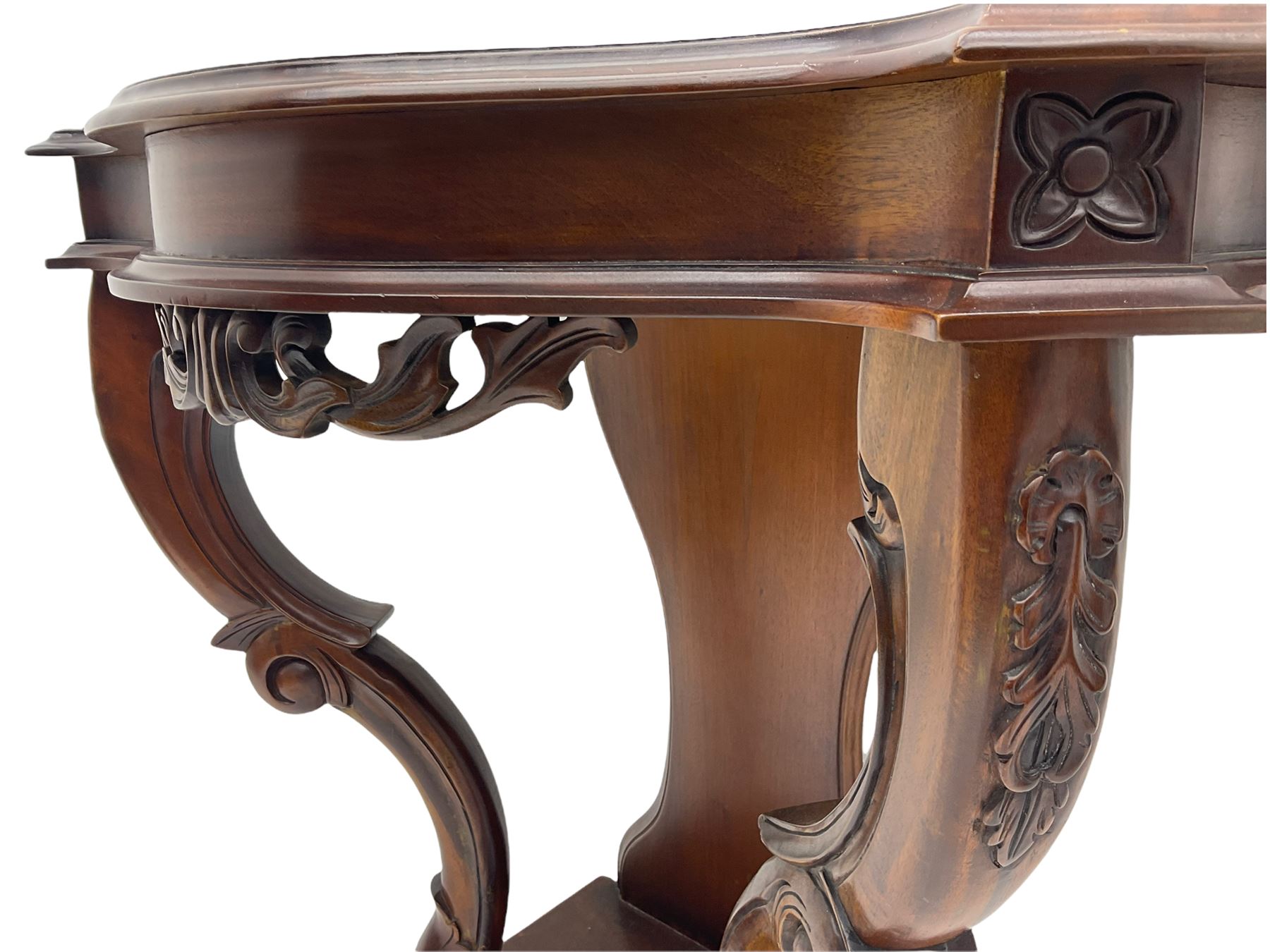 Victorian style mahogany console table, shaped moulded top on scrolled supports, moulded and canted base (W91cm, H76cm, D41cm), and a reproduction mahogany console or side table on reeded supports 