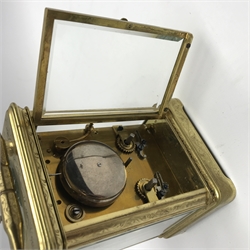 Early 20th century brass five glass carriage clock with button repeater, the brass case engraved with trailing foliage decoration, white enamel Roman dial, eight day movement striking the hours on bell, inscribed 'J. T. Ellsworth from... J. Blundel, Crosby Hall', with key, H14cm