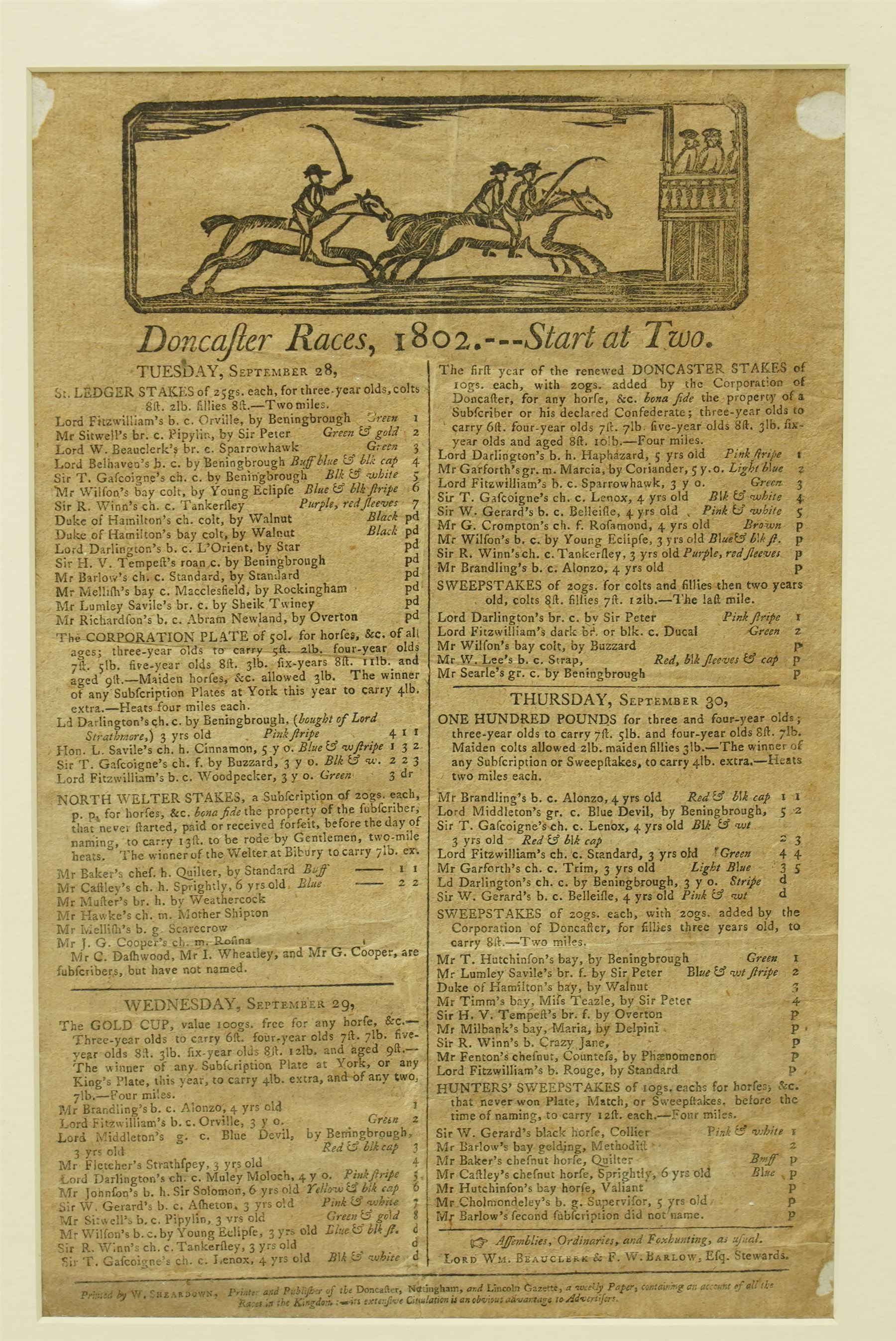 Early 19th century handbill for Malton Races June 1803 'Sagg's only correct and authentic list' with runners and owners 27cm x 18cm, another for 'Boroughbridge Races October 1782', another 'Preston Races July 1799', another 'Doncaster Races September 1802' and another 'York Spring Meeting 1802' in one frame 41cm x 116cm 
Provenance: property of a Nobleman