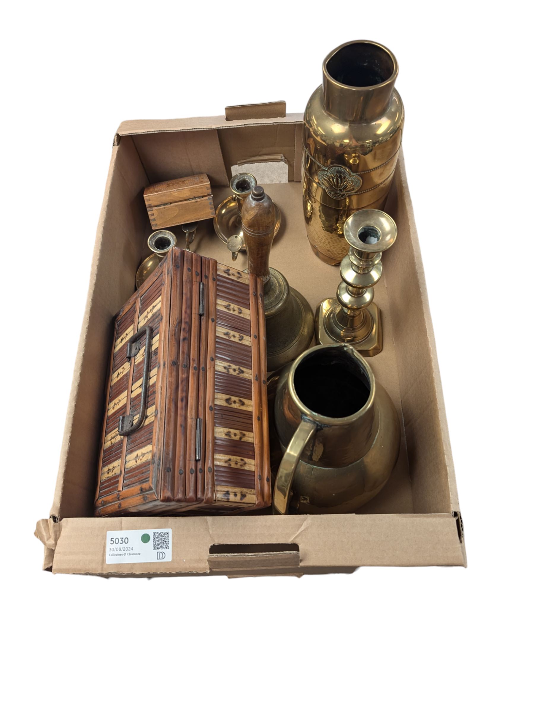 Brassware, including large jug, vase, bell and candlesticks, etc