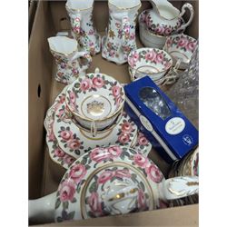 Set four framed WWII medals, further medals and a collection of ceramics and glassware, including Fenton chintz jugs, Minton Haddon Hall pin dish, etc