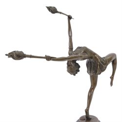 Art Deco style bronze figure of a female dancing with flame torches, raised upon marble socle base, signed F. Paris, H43cm