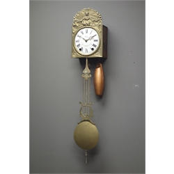  20th century French brass Comtoise clock, white enamel dial. brass lyre pendulum and two weights, H27cm  