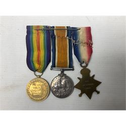 WW1 group of three medals comprising British War Medal, 1914-15 Star and Victory Medal awarded to 8110 Pte. A. Hewson Linc. R.; with ribbons