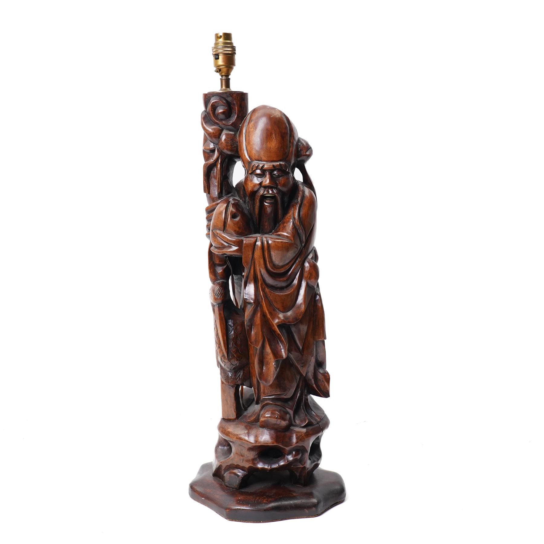 Chinese carved hardwood figure of Shou Lao formed as a table lamp H56cm excluding fitting and a Japanese brass two handled jardiniere decorated with raised panels of birds, flowers etc D27cm (2)