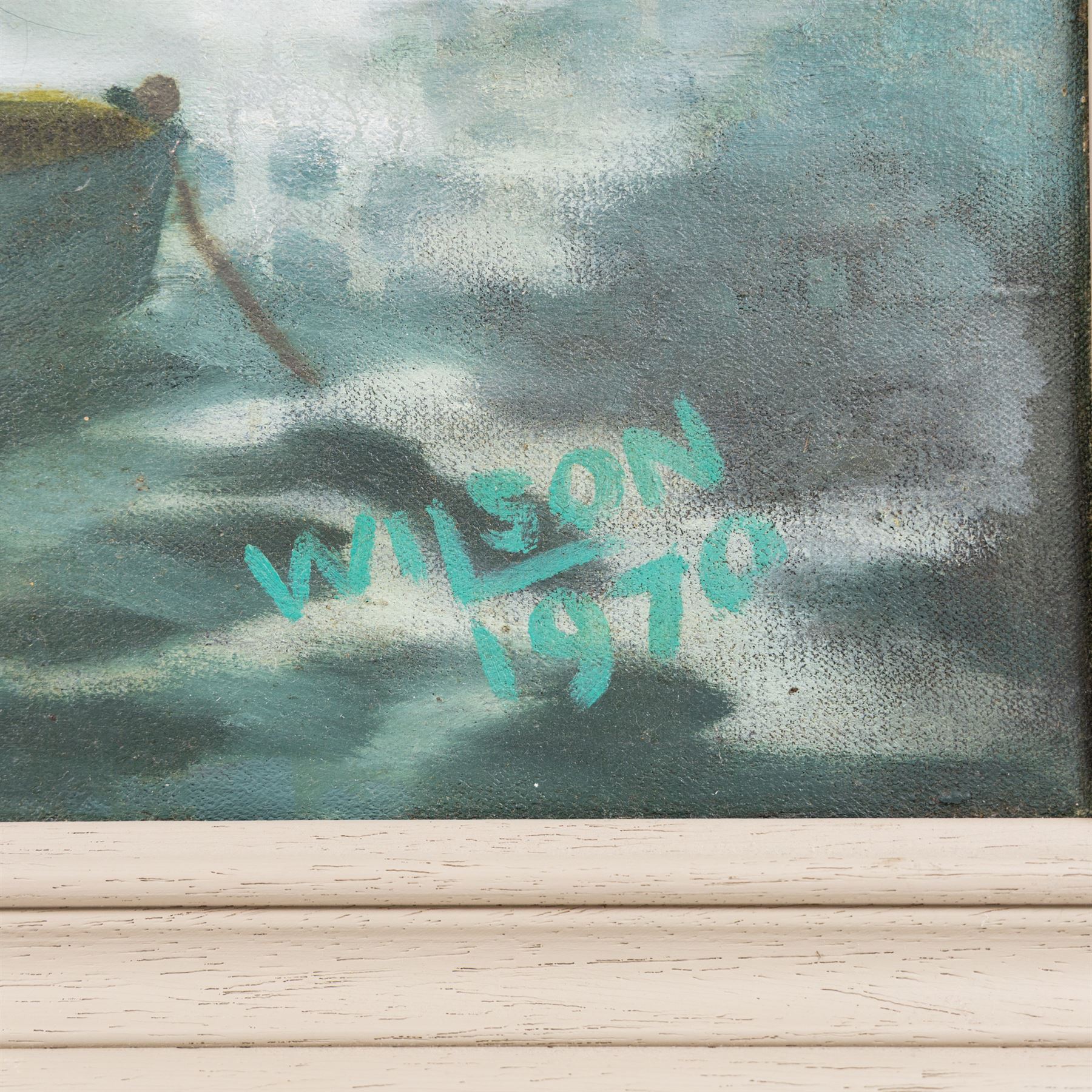 RA Wilson (British Mid-20th century): 'Whitby Harbour from Sandgate', oil on canvas signed and dated 1970, titled on label verso 75cm x 70cm