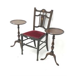 Edwardian mahogany inlaid bedroom chair (W40cm) and two mahogany wine tables (3)