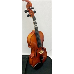Three modern graduated violins - Suzuki 1/10 size child's violin with 23.5cm single piece back, bears label serial no.94282, 40cm overall; copy of Antonius Sradivarius of Cremona violin dated 1998 with 28cm two-piece back, 47cm overall; and Strobel violin with 35.5cm two-piece back, bears label dated 2006, serial no.512801325, 59cm overall. All cased with bows (3)