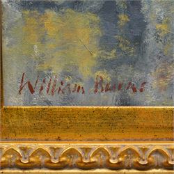 William Burns (Northern British 1923-2010): 'Street Scene - Rain', oil on board signed, titled verso 24cm x 19cm
Provenance: Direct from the family of the artist.
Notes: Born in Sheffield in 1923, William Burns RIBA FSAI FRSA studied at the Sheffield College of Art before the outbreak of the Second World War, during which he helped illustrate the official War Diaries for the North Africa Campaign, and was elected a member of the Armed Forces Art Society. On his return, he studied architecture at Sheffield University and later ran his own successful practice, being a member of the Royal Institute of British Architects. However, painting had always been his self-confessed 'first love', and in the 1970s he gave up architecture to become a full-time artist, having his first one-man exhibition in 1979.