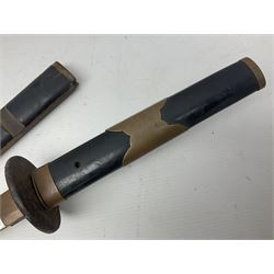 Good quality Japanese sword blade with later WWII fittings and scabbard  - 67.5cm slightly curving blade with unmarked tang, plain iron tsuba and lacquered grip with copper mounts; in lacquered wooden scabbard with tape bound tip L94cm overall