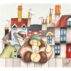 Peter Bell (Hull Contemporary): Couple Leaning Over Garden Fence, oil on canvas board sign...