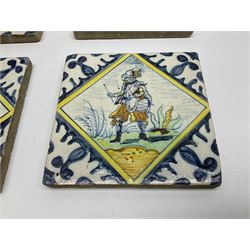 Twelve 18th century Delft tiles decorated in polychrome with Cavaliers, H13cm W13cm D1cm