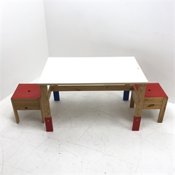 Rectangular pine framed table, white top, red feet (W101cm, H61cm, D61cm) and two stool with red seats