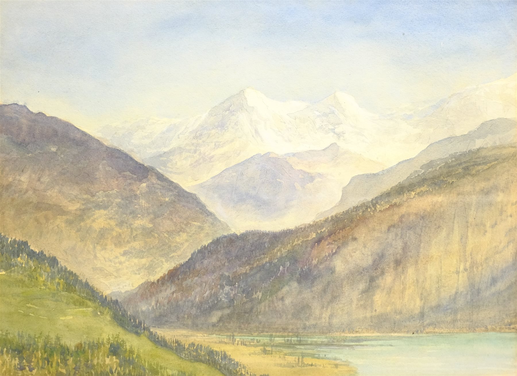 Alfred Young Nutt (British 1847-1924): 'Lake Thun Switzerland', watercolour inscribed verso 27cm x 37cm
Provenance: with T B & R Jordan Fine Art, Stockton on Tees, label verso
