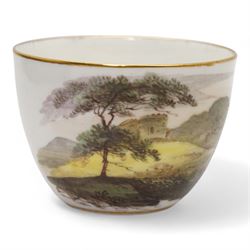 Set of four Pinxton porcelain bute shaped teacups and saucers, circa 1796-1813, pattern no. 218, painted in polychrome with landscape panels within gilt rims, possibly by John Cutts, three pieces numbered 218 beneath, saucer D14cm, teacup H6cm (8)