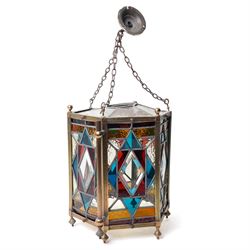 Late Victorian hexagonal brass hall lantern inset with leaded coloured glass panels H34cm