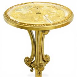Late 19th century giltwood torchère stand, circular top with beaded moulded edge, on a turned and carved column with scrolling acanthus detail, raised on three cabriole supports with leaf carving and scroll feet
