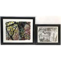 Anna Kirk-Smith (British Contemporary): 'Hoverflies Millington Wood' and River Landscape, two mixed media on paper signed and dated '07 and '06, respectively, one titled verso 31cm x 41cm and 25cm x 32cm (2)