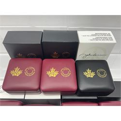 Eleven Royal Canadian Mint fine silver twenty dollar coins, including 2016 'A Royal Tour', 2017 'A Platinum Celebration', 2018 'A Nation's Mettle The Dieppe Raid', 2019 'Give Peace A Chance 50th Anniversary' etc, all cased with certificates