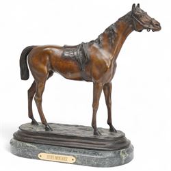 After Jules Moigniez (French 1835-1894): Bronze of a saddled racehorse facing right, on ma...