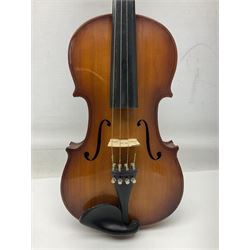 Chinese Parrot violin with 35.5cm two-piece back; L59.5cm in carrying case; and early 20th century German violin for restoration; bears label 'Antonius Stradivarius Faciebat Anno 1730'; cased with bow (2)
