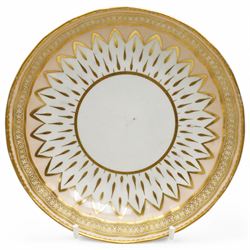 Derby coffee cup and large saucer, pattern 119, c.1795, the apricot ground decorated with gilt teardrop motifs and intricate Vandyke boarder, with crown, D mark and crossed batons in puce to base, decorator's mark no. 2 for Joseph Stables