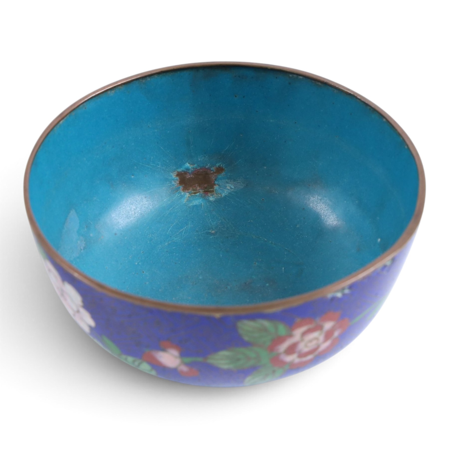 Pair of cloisonne bowls, decorated with flowers upon a blue ground, together with a pair of cloisonne pots, teapot and hot water pot