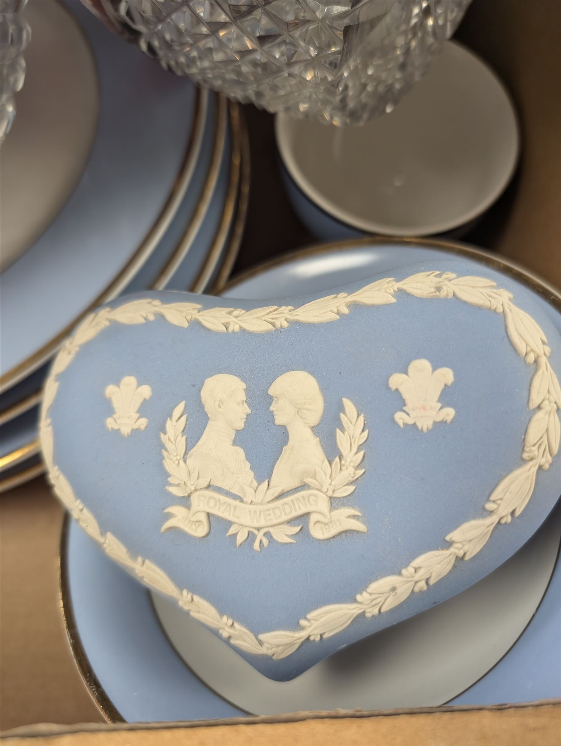 Ruby glass decanter, Doulton part dinner service, two cut glass bowls, pencil drawing and a Wedgwood Jasperware Royal wedding trinket box