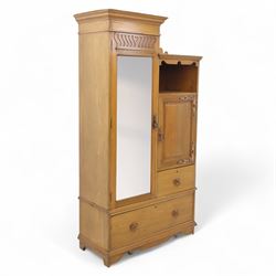 Edwardian ash combination wardrobe, moulded cornice over an open compartment and single cu...